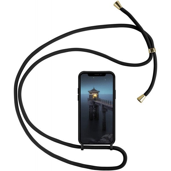 Wholesale Crossbody Lanyard Neck Strap Adjustable Necklace Pro Silicone Case Bag for iPhone 12 / 12 Pro 6.1 (Black)